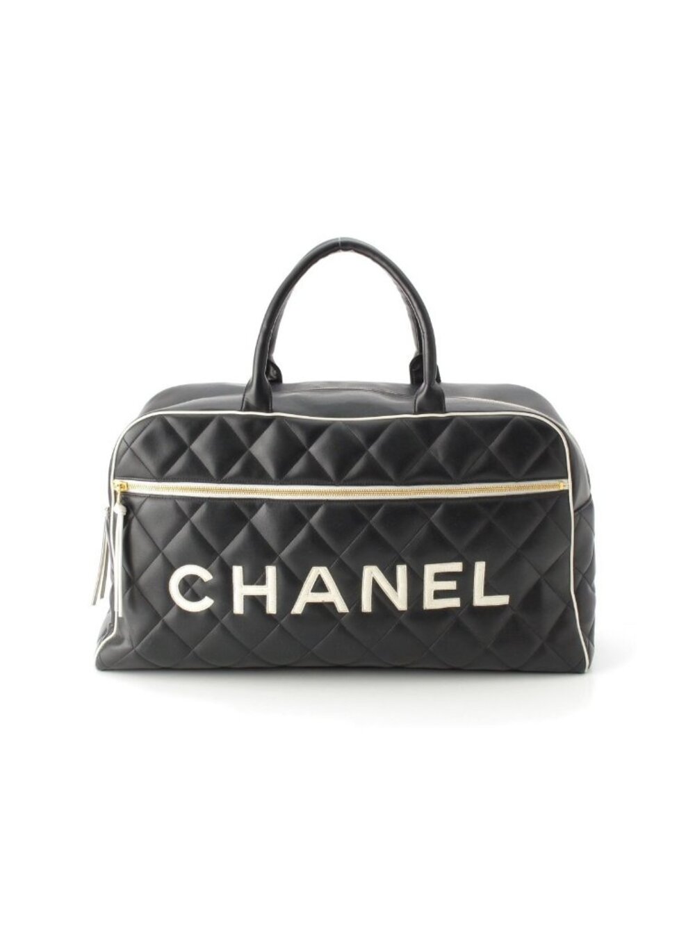 Chanel Quilted Logo Lambskin Boston Bag Black White